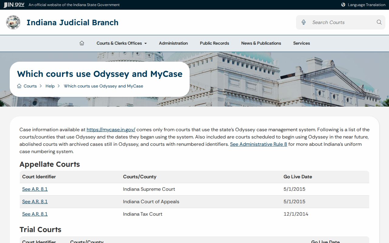 Madison County bench warrant court codes in the Indiana Odyssey reference