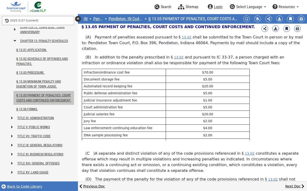 Older Pendleton Town Court payment text requiring current court verification