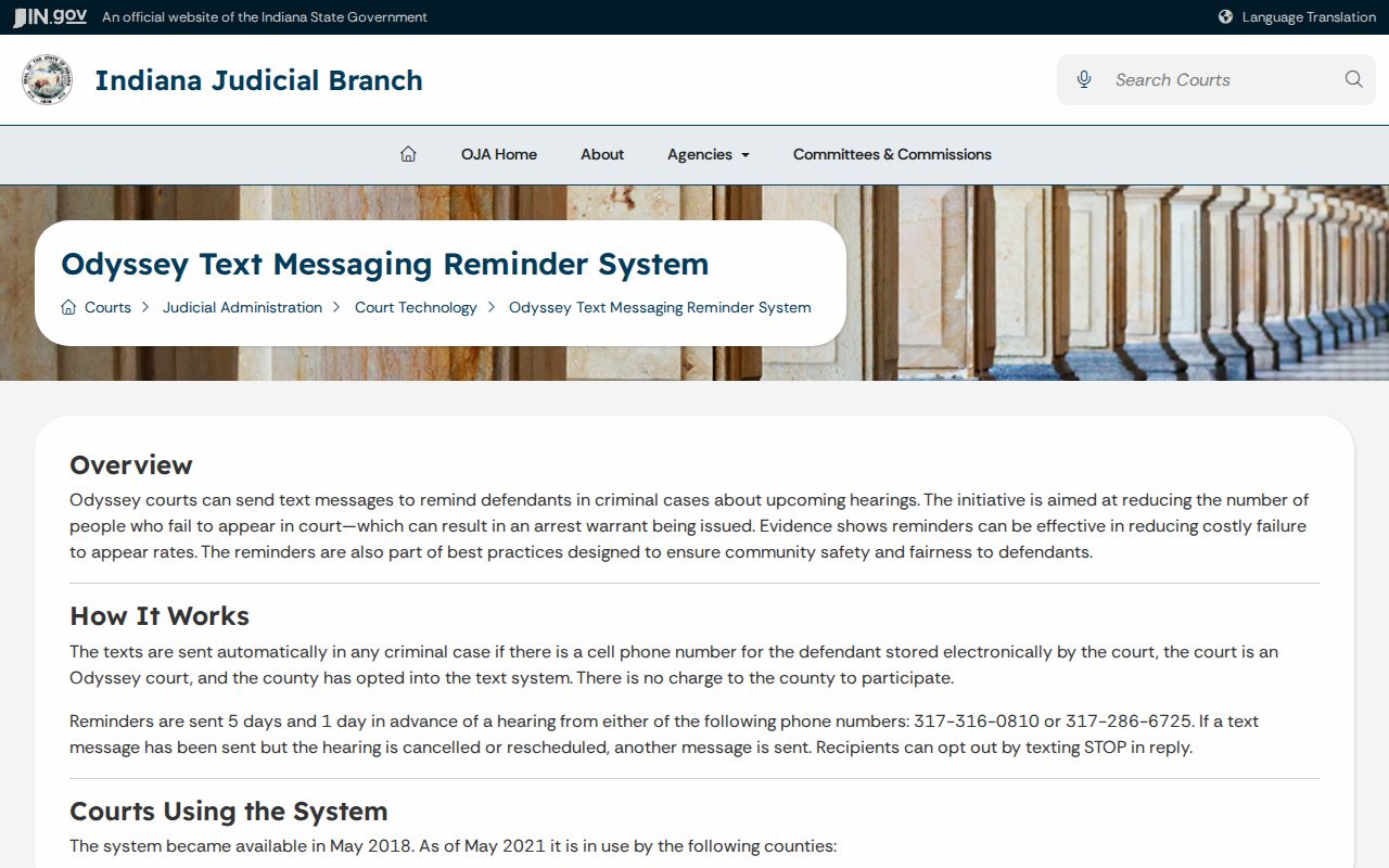 Indiana court text reminder information showing Madison County participation