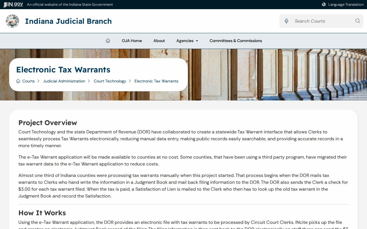 Indiana Judicial Branch e-Tax Warrants service identified as separate from criminal warrants