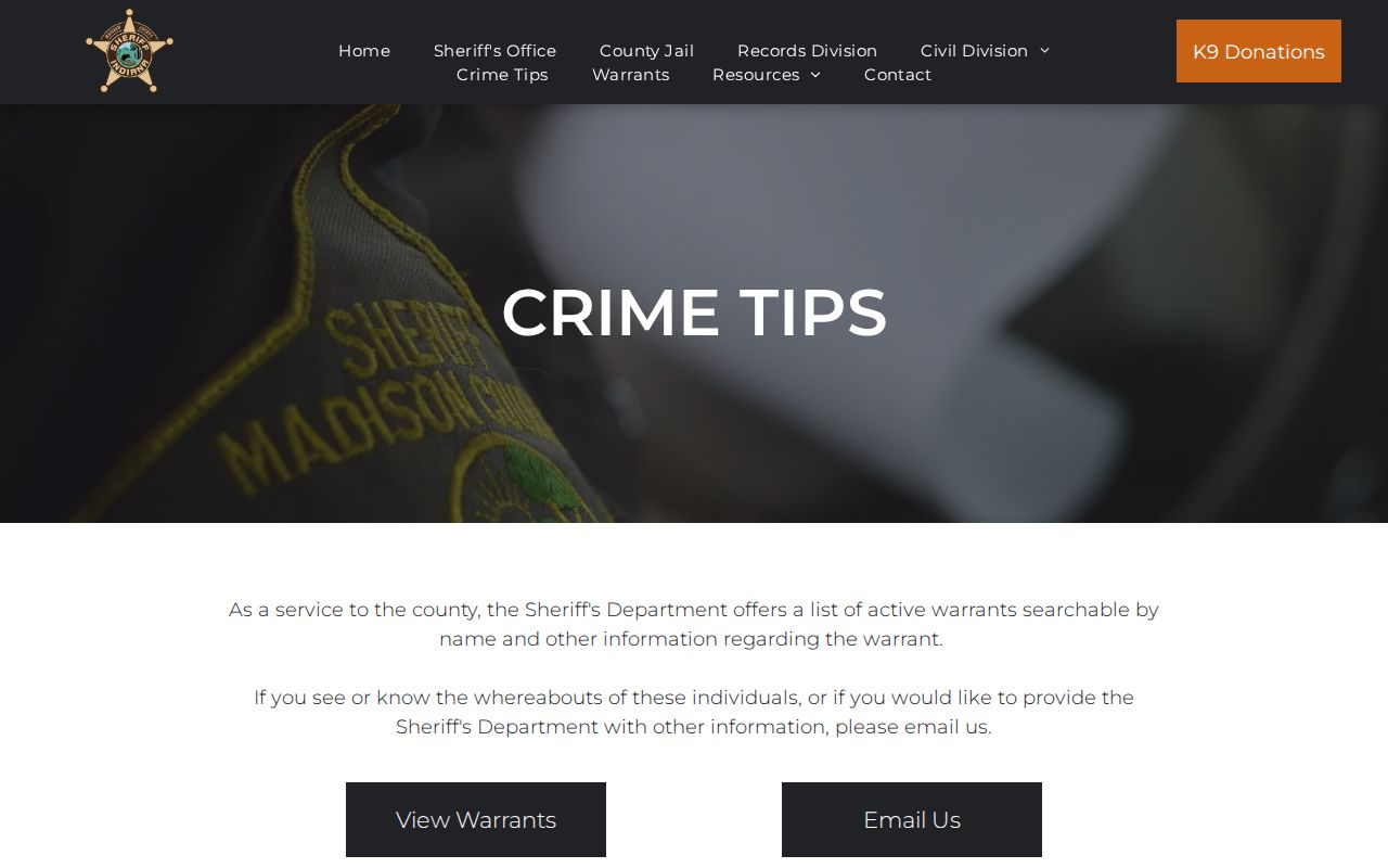 Madison County warrant records official warrant tip routing
